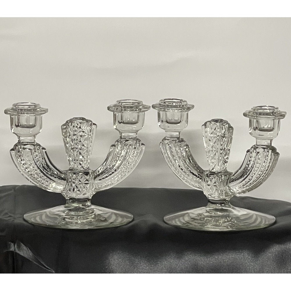 Tiffin Franciscan Williamsburg Clear Glass Double Candlesticks Candelabra Pair